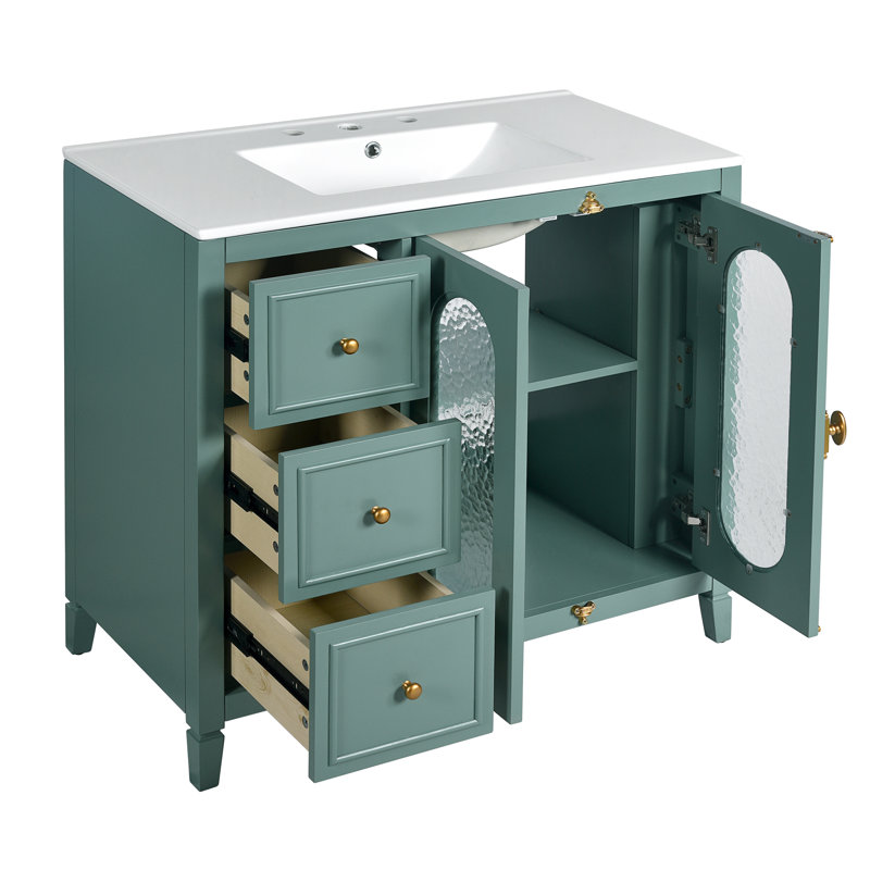 Meuble-lavabo de 36 po avec 2 portes à fermeture douce, armoire de rangement moderne à 3 tiroirs avec cadre en bois massif