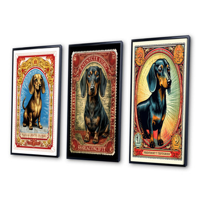 «Illustration rétro du teckel mignon IV», 3 pièces sur toile