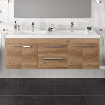 Meuble-lavabo mural double en chêne naturel l 60 po x P 20 po Wauconda avec comptoir en acrylique blanc et lavabos intégrés