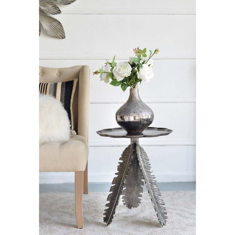 Aluminium Side Table With Silver Antique Charm Leaf Pattern Charisma