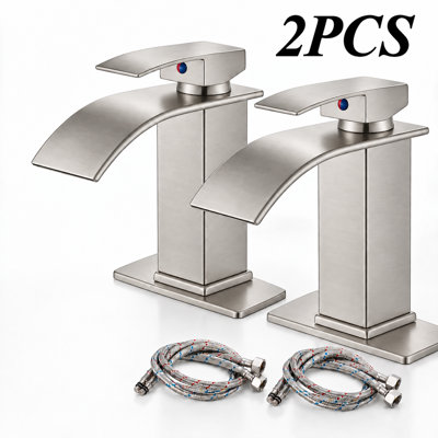Mosson Brushed Nickel Waterfall Bathroom Faucet Set of 2 with Single Handles and Square Deck Plates