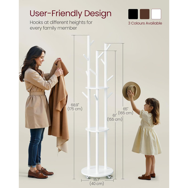 Freestanding Coat Rack Stand, Coat Tree With 11 Hooks, 3 Shelves, 4 Removable Wheels, For Hallway, Bedroom, Living Room
