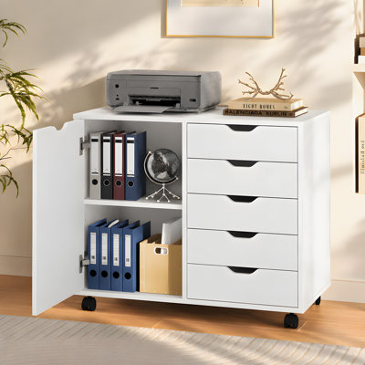 Classeur latéral Cambrie de 79 cm de large avec roulettes verrouillables, meuble en bois pour imprimante, idéal pour le bureau à domicile, classeur blanc avec tablette réglable