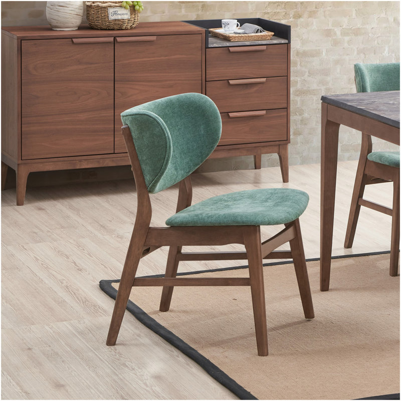 Ensemble de mobilier de salle à manger de style Mid-Century moderne avec 2 chaises d'appoint au fini vert et noyer en bois au design épuré et au dossier incurvé