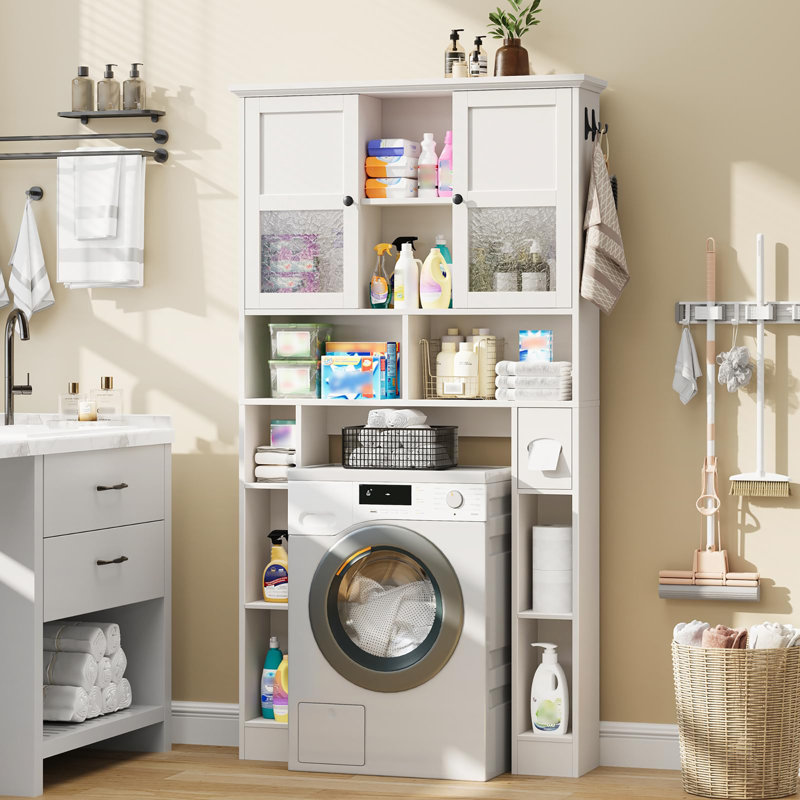 Armoire de rangement au-dessus de la toilette, tablette de salle de bain avec portes en verre à grain martelé et tablettes réglables, étagère moderne peu encombrante pour la salle de bain et la buanderie