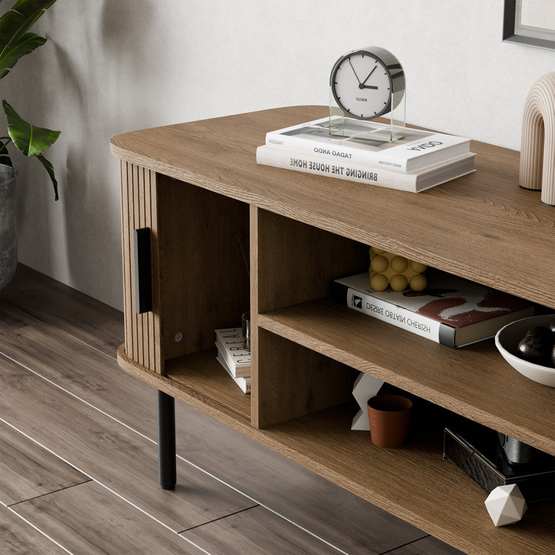 Meuble télé Mid-Century, meuble télé Tambour avec armoire de rangement et tablette pour téléviseur de 60 po, brun noyer, Brun