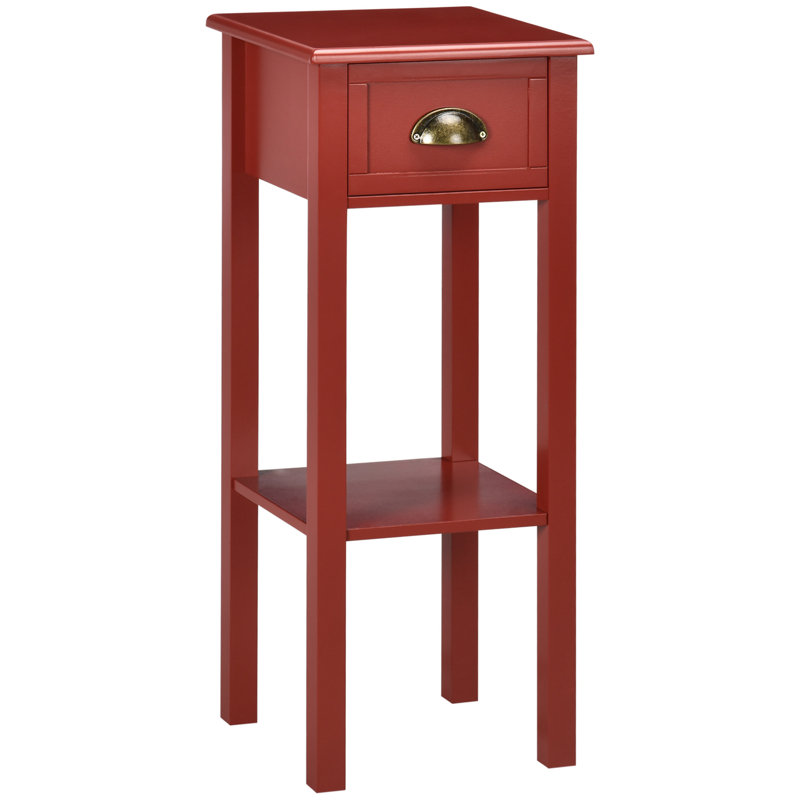 2-Tier Side Table With Drawer, Narrow End Table With Bottom Shelf, Red