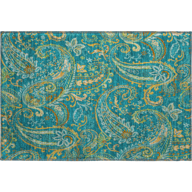 Premium Machine Washable Cerrito AMF533 Teal Rug, Rectangle 1'8" x 2'6"