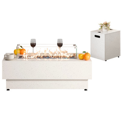 43" L Outdoor Propane Gas Fire Pit Table with Tank Table, Glass Rocks, Wind Guard and Cover, White