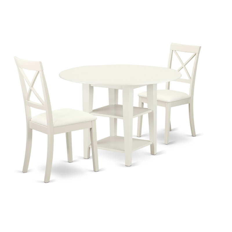 Ensemble de salle à manger 3 pièces comprenant une table ronde avec abattant et étagères et 2 chaises rembourrées en similicuir, 107 x 107 cm, blanc lin