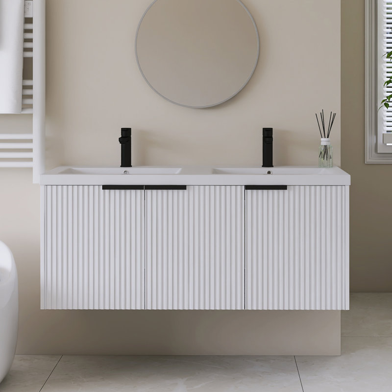 Meuble-lavabo mural simple avec plateau en résine intégré blanc, Blanc