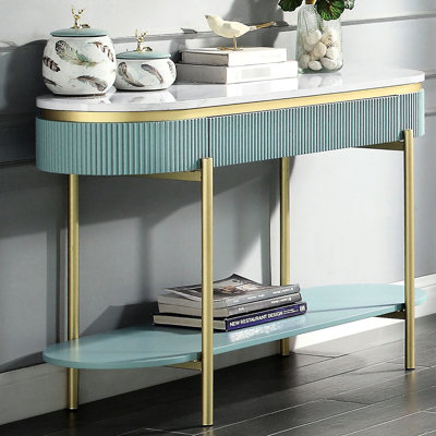 Table moderne bleu sarcelle avec surface en faux marbre blanc et glissières de table avec tiroir de rangement dissimulé