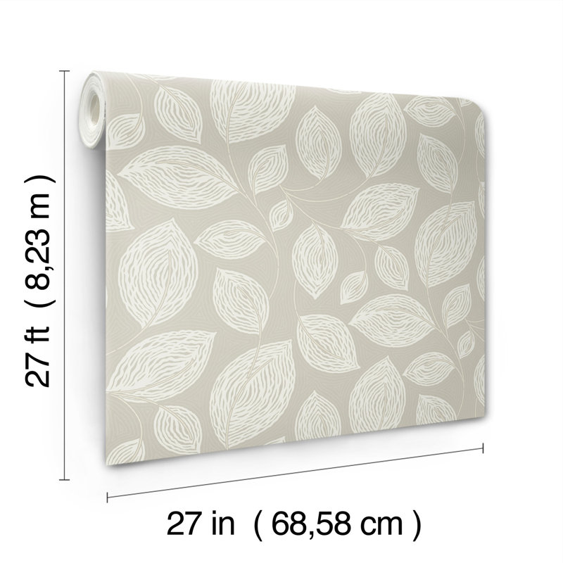 Contoured Leaves Floral Vinyl Wallpaper Roll, Taupe
