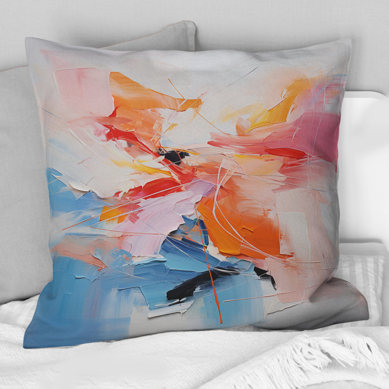 Coussin décoratif à imprimé abstrait néo-expressionniste jaune et rose