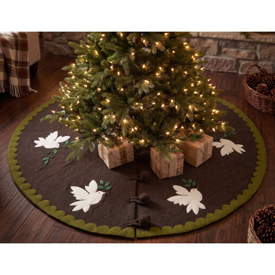 Doves on Brown Christmas Tree Skirt in Hand Felted Wool - 60"