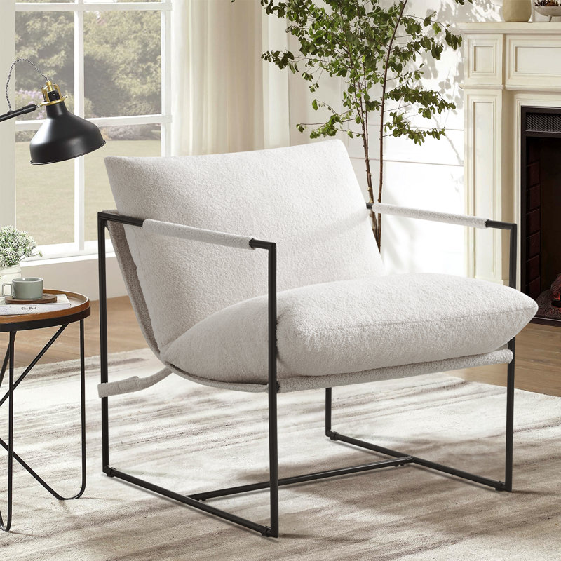 29" W Upholstered Sling Accent Chair with Metal Frame, White