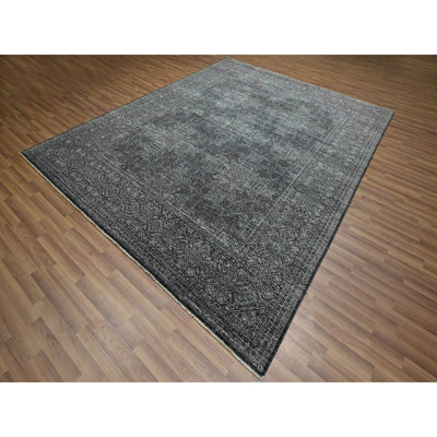 8'2"x10'2" Charcoal Black, Tone on Tone, Wool and Silk with Intricate Star Design, Hand Knotted, Oriental Rug