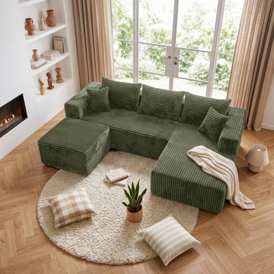 Canapé modulaire en U modulaire en forme de U, canapé rembourré en flanelle avec repose-pieds et ressorts ensachés, canapé modulaire à compression avec 5 coussins sans assemblage, vert