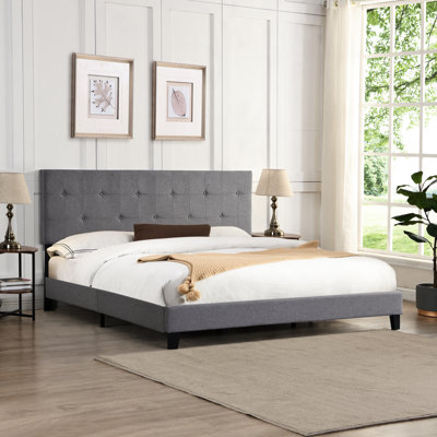 Upholstered King Size Bed, Gray Button Headboard, No Box Spring Required, Wood Slat Support, Easy Assembly Trustworthy Build
