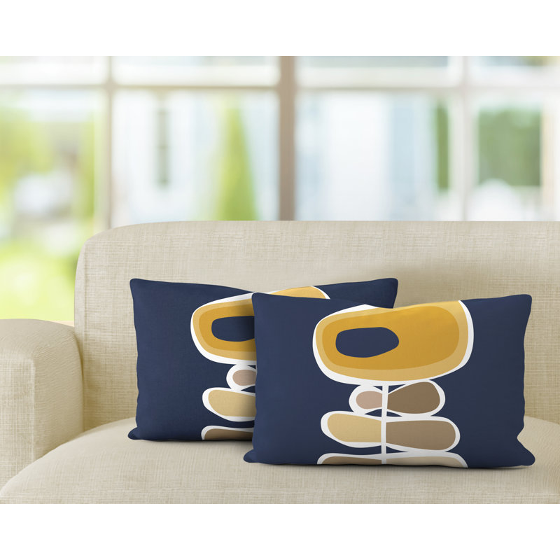 Outdoor Reversible Throw Pillow, Yellow/Navy Blue/Beige