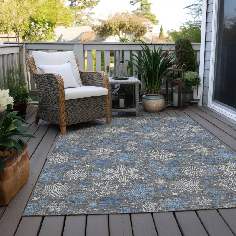 Tapis gris flocon de neige Xhevrie intérieur / extérieur lavable à la machine, Rectangle 10 pi x 14 pi