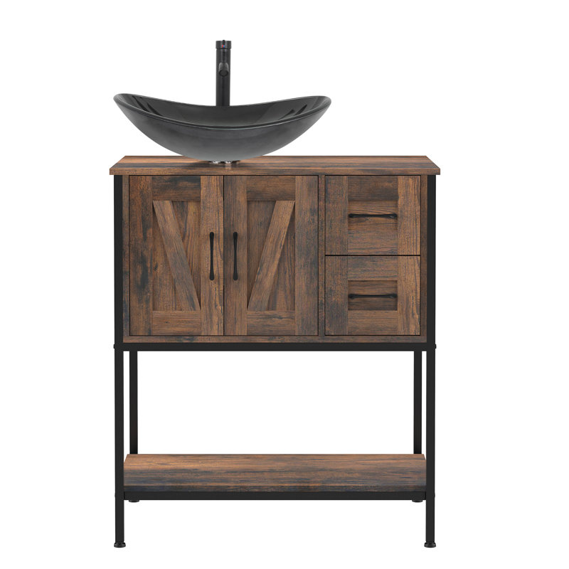 30'' Free-Standing Farmhouse Single Bathroom Vanity With Sink, Black, Black/Gray