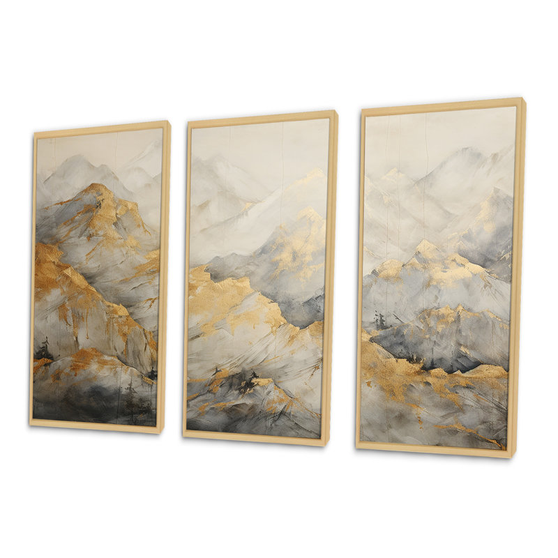 Bold Beige And Gold Mountain Glacier - Forest Wall Art Print Set, Natural Floater Framed, 28" H x 36" W x 1" D