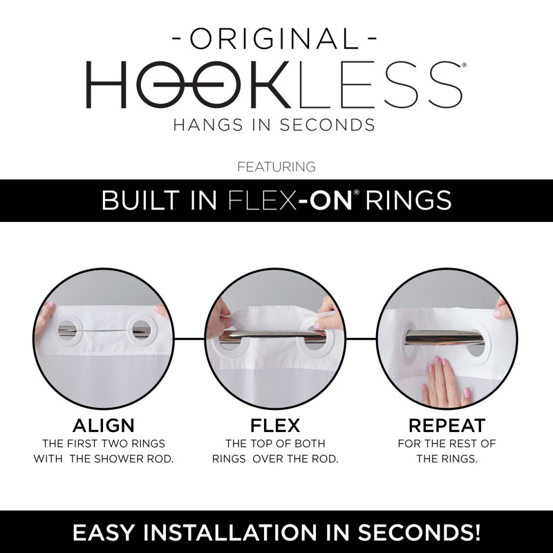 Hookless Faux Silk Shower Curtain with Flex-on Rings and It's a Snap! Fabric Liner with Magnets, 71 In Wide x 74 In Long, Stripe Print