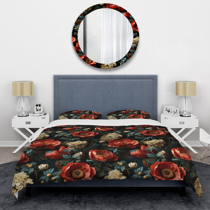 Ensemble de housse de couette Deep Red And Beige Floral Blooms IV - Floral, Housse de couette pour très grand lit et 2 très