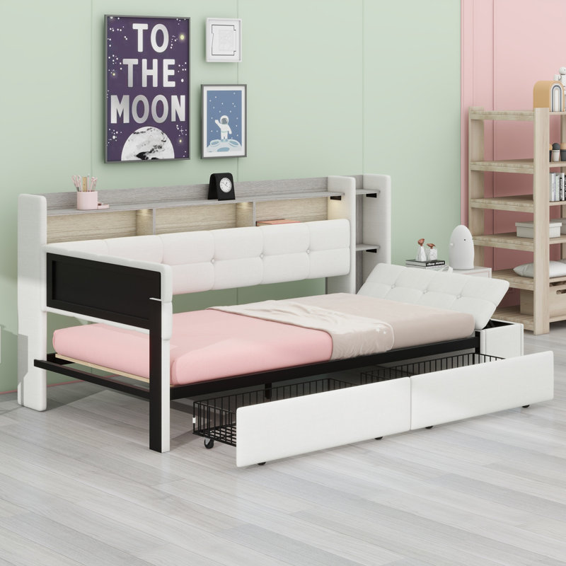 Contemporary Upholstered Daybed Frame with 2 Drawers, LED Lighting, USB Port & Storage Shelves, Beige, Twin