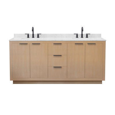Maroni 72 Inch Double Bathroom Vanity in Light Straw, Carrara Cultured Marble Countertop, Undermount Square Sinks (3-Hole), Matte Black Trim