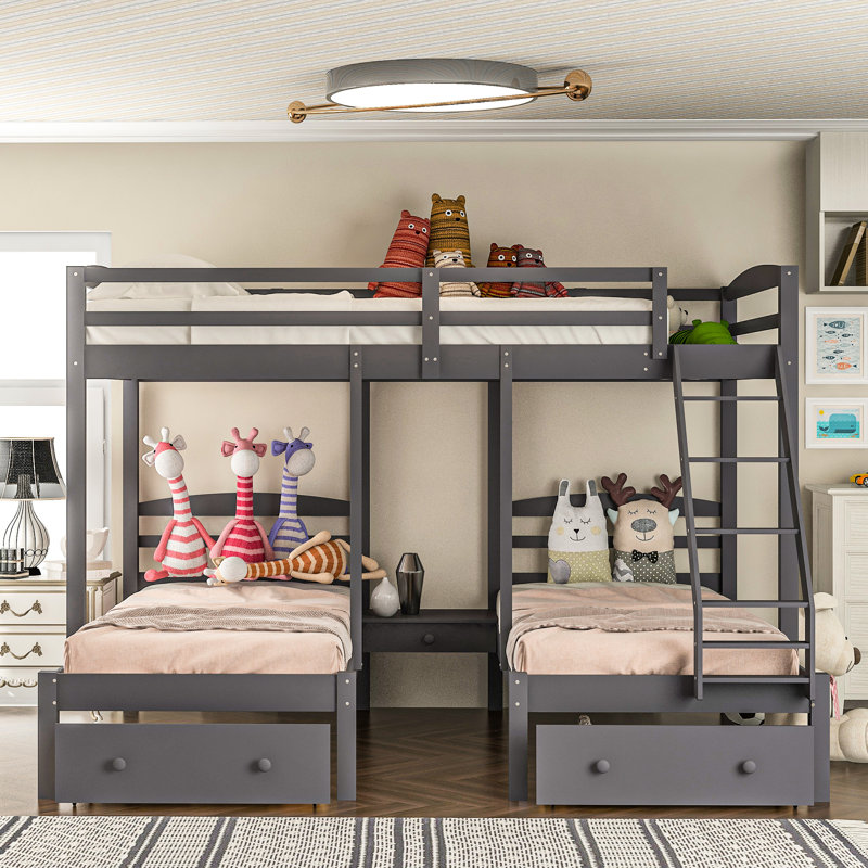 Gray Bunk Bed With Drawers For - Solid Pine And Construction, Full Over Twin & Size Option Space Saving Made Of , Style