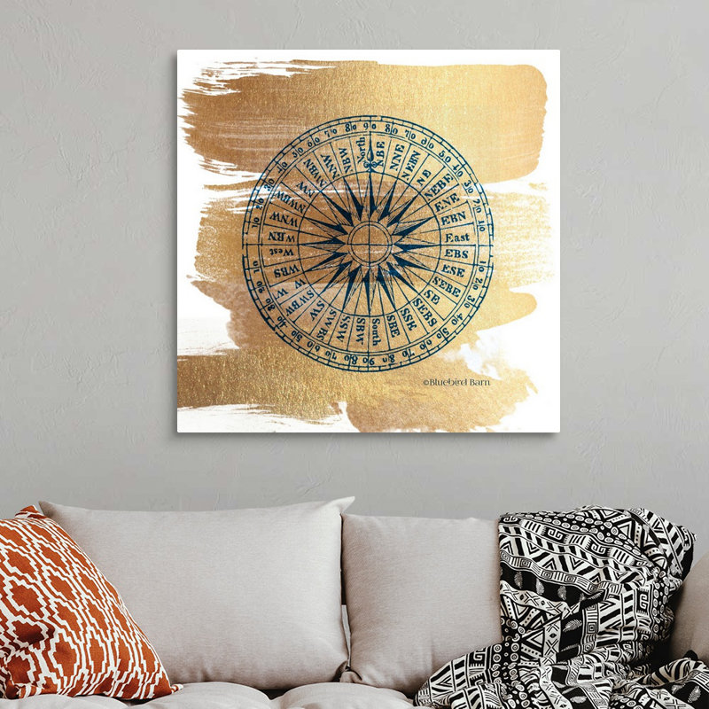 Boussole or brossé-impression sur toile, Toile tendue, H 36 po x l 36 po x P 1,25 po