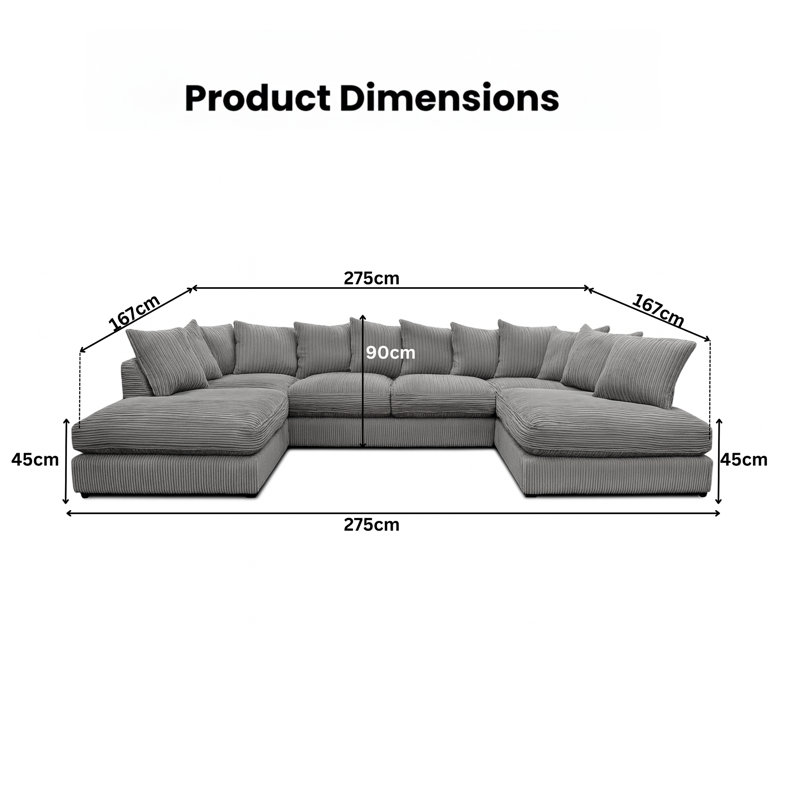 5 Seater Corduroy Corner Sofa , Charcoal