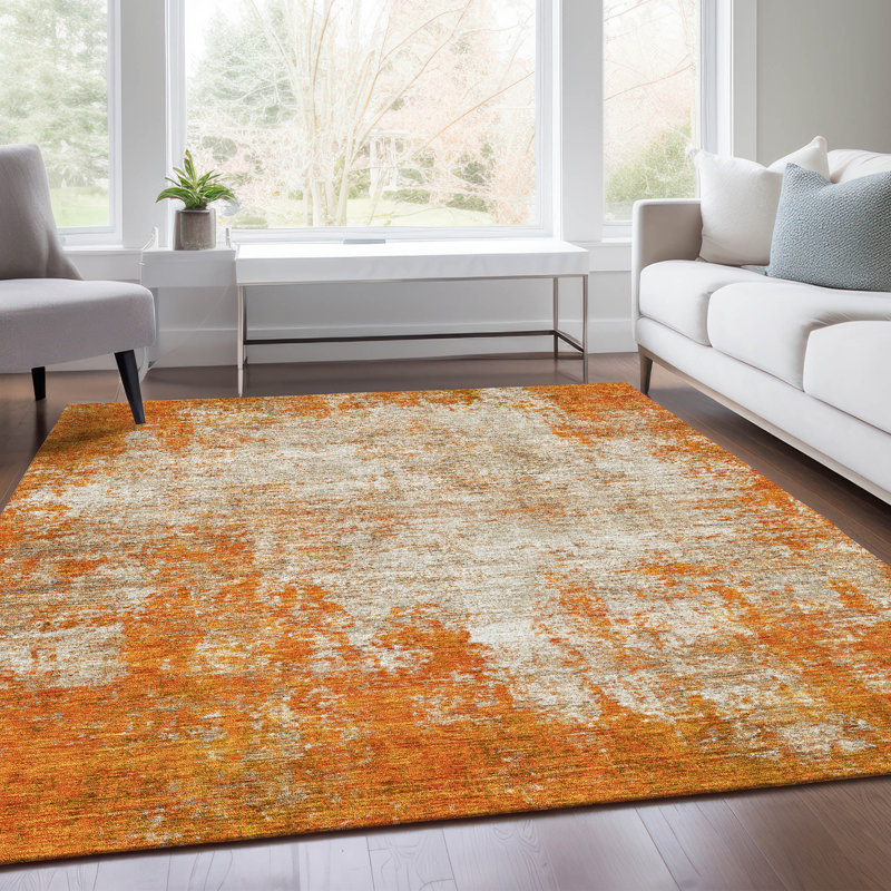Tapis orange Prisco lavable à la machine de qualité supérieure, Rectangulaire 3 pi x 5 pi