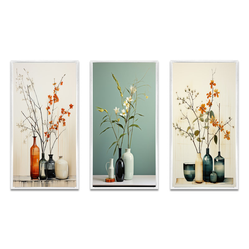 «Beige corail Mid Century Minimalist Oasis Poteries», 3 pièces sur toile, Cadre flottant blanc, H 28 po x l 36 po