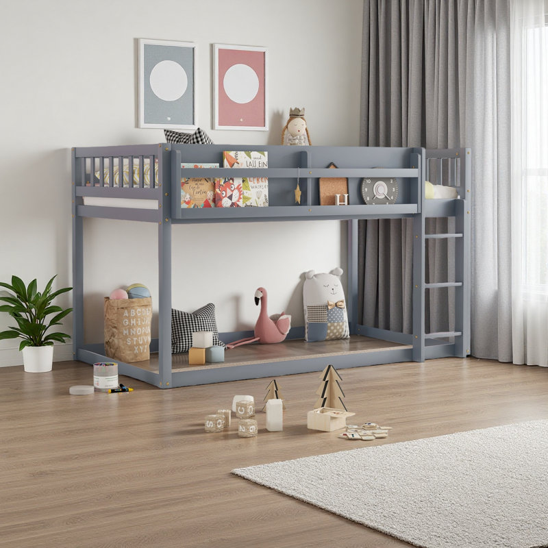 Lit superposé bas simple au-dessus de simple, lit superposé au sol avec échelle, lit superposé simple en bois massif pour enfants et adolescents