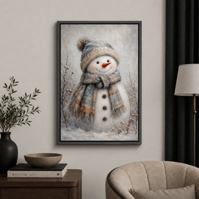 Cozy Snowman Winter Holiday Artwork, Nursery Pictures, Framed Canvas Giclee Print Wall Art