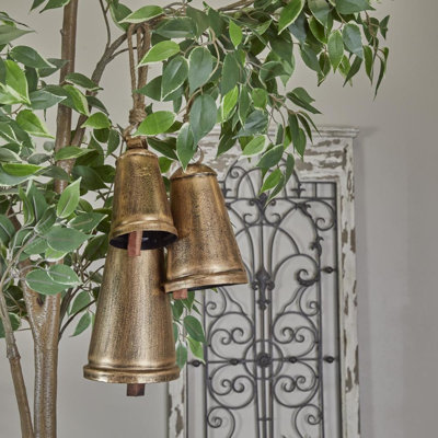 Metal Tibetan Inspired Indoor Outdoor Decorative Cow Bells with Jute Hanging Rope Set