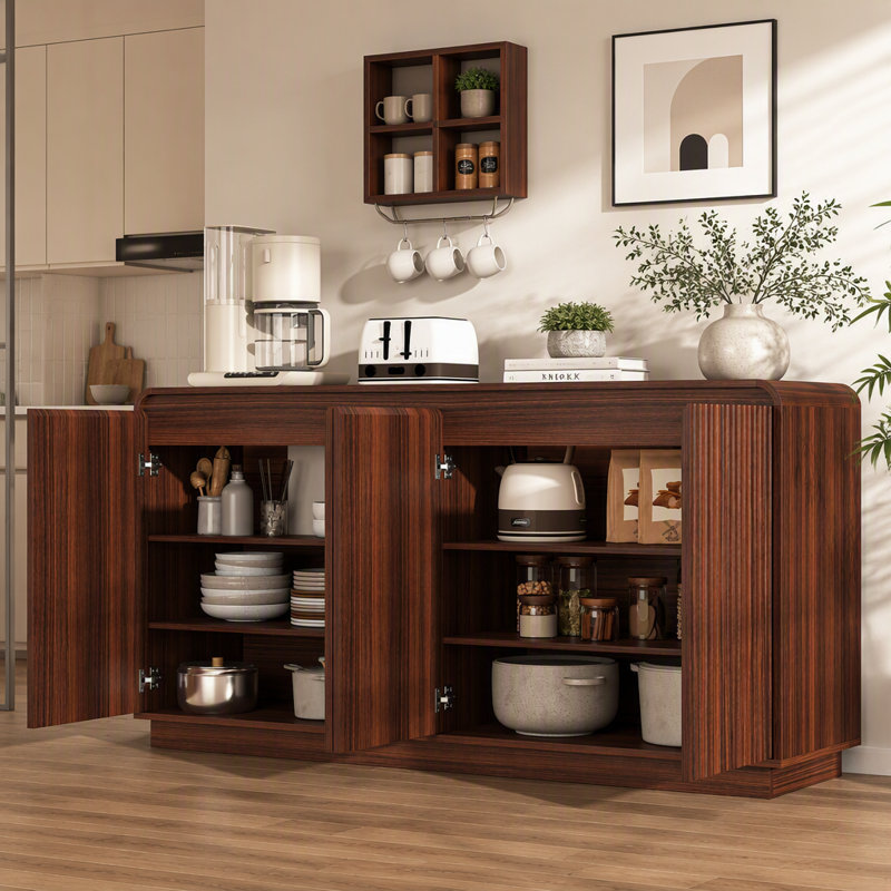 Meuble télé 4 portes cannelé avec prise de courant et rangement réglable, Walnut