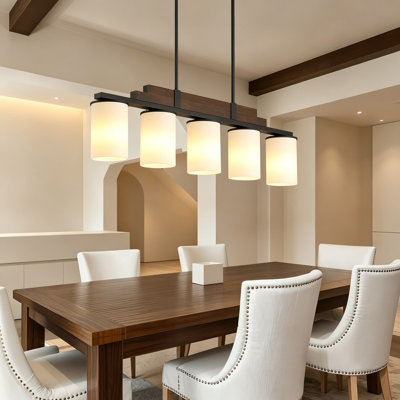 Farmhouse 5-Light Kitchen Island Chandelier, Adjustable Wood Pendant Light With Milk Glass Shades, Black Hanging Light Fixture For Dining Room, Living Room, And Pool Table