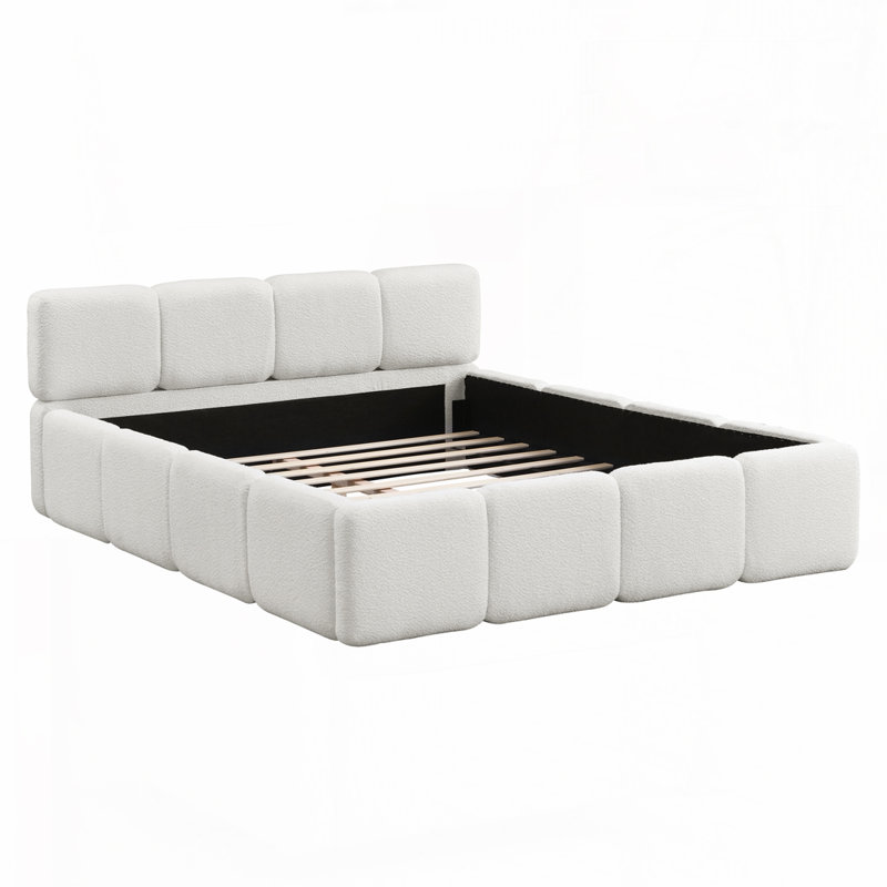 Lit plateforme tapissier avec tête et pied de lit moelleux, Grand, Boucle blanc