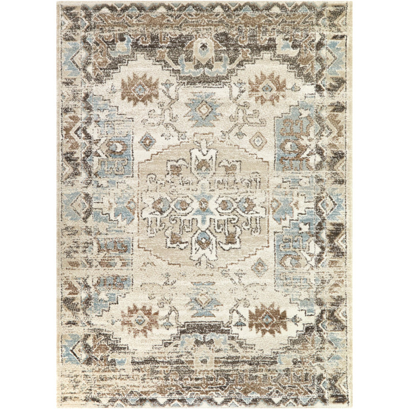 Louise Beige/Blue/Brown Southwestern Traditional Area Rug, Rectangle 5'3" x 7'