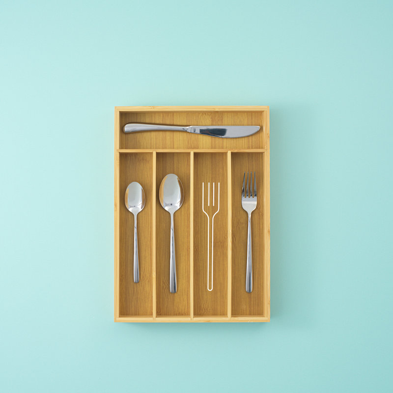 JoyJolt Bamboo 5 Slot Flatware Drawer Organizer for Kitchen Utensils, Brown