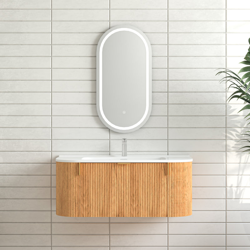 Meuble-lavabo de 36 po avec 2 tiroirs latéraux, meuble-lavabo mural en bois massif avec bordures courbes et courbes, lavabo en céramique blanc sans robinet, pré-assemblé, couleur noyer