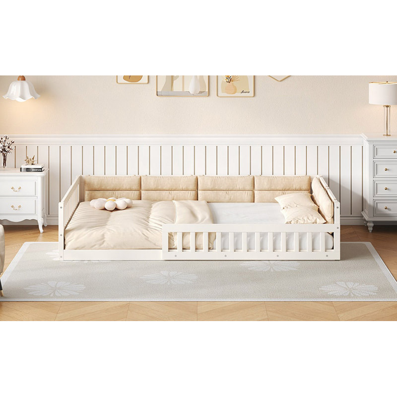 Wood Upholstered Platform Bed With Guardrail And Pillow, Beige