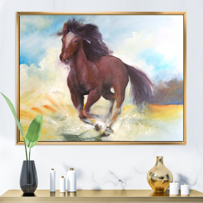 Cheval brun galopant - peinture sur toile