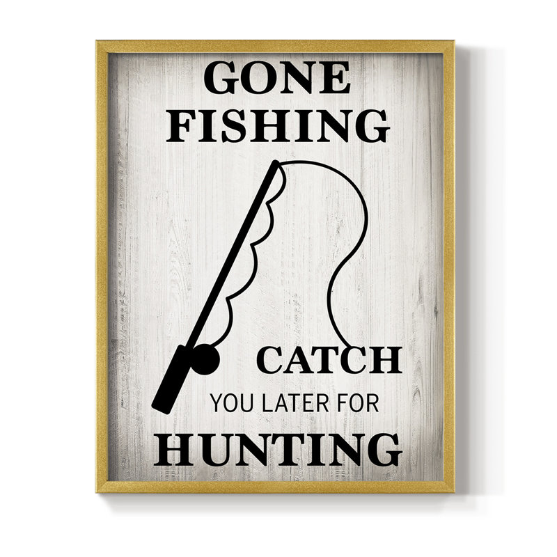 Gone Fishing Framed Print - Solid Wood, 15" H x 12" W, Gold