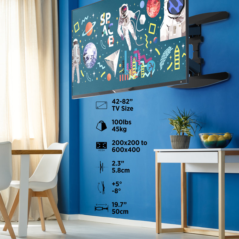 Support mural articulé haut de gamme pour écrans de 42 à 82 po de qualité supérieure - pivotant, inclinable, extensible et rétractable, peut supporter 100 lb, VESA 200 x 200 à 600 x 400