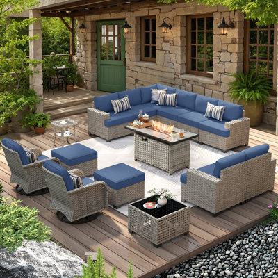 12 - Person Patio Furniture Set with Swivel Rockers, Outdoor Wicker Rattan Sectional Seating Group with Cushions, All Weather Sofa Conversation Set with Fire Pit Table for Garden Backyard